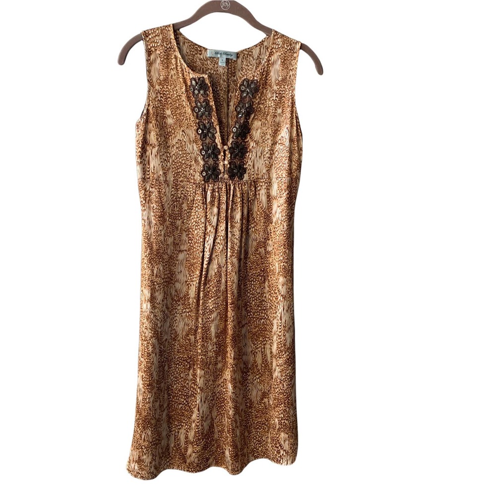 Anthropologie Beth Bowley Dress 100% Silk Lace & Beaded Detail Brown Cream Sz 2 - Picture 1 of 8